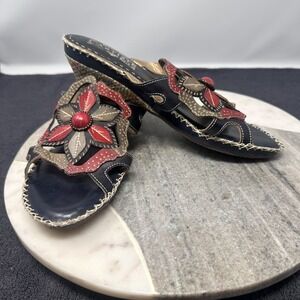 Spring Step L'Artiste Shoes Womens Size 39 Leather Wedge Sandals Floral Cutout